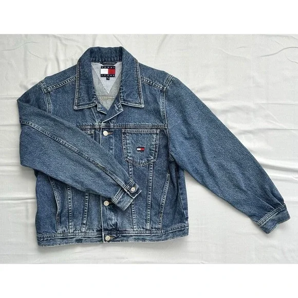 RARE VTG Y2K Tommy Hilfiger Mens Trucker Denim Jacket Button Logo Point Collar M - Picture 3 of 8